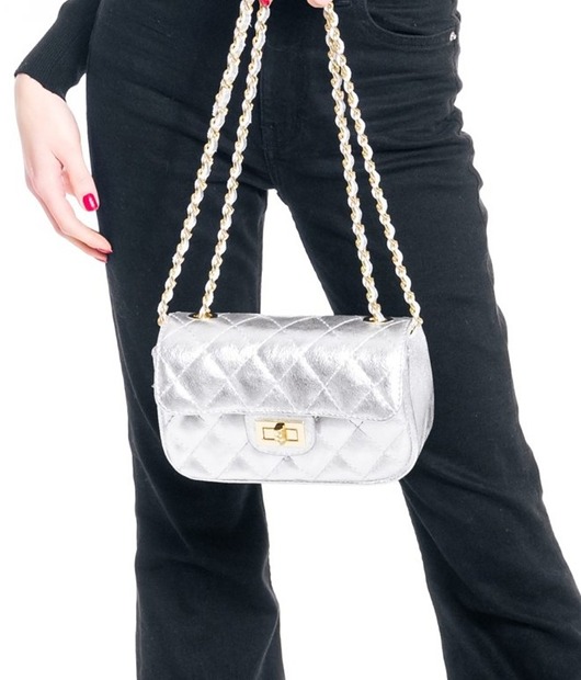 Torebka skórzana pikowana - srebrna (7027)