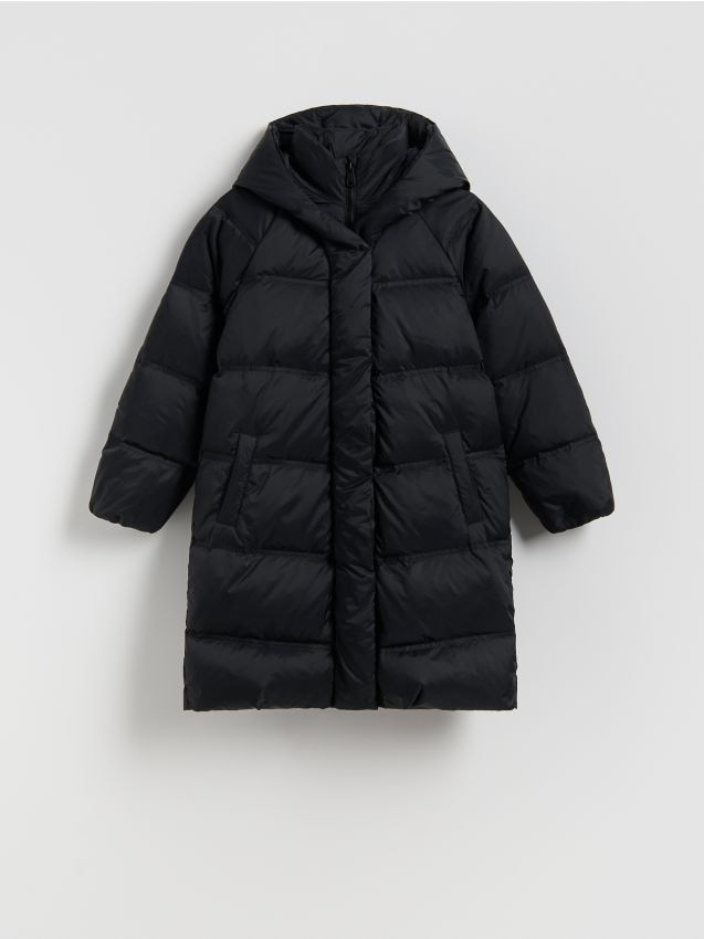 Reserved - Pikowany płaszcz z naturalnym puchem - czarny