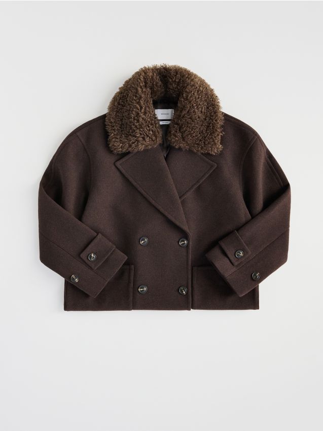 Reserved - Płaszcz z dodatkiem wełny - ciemnobrązowy