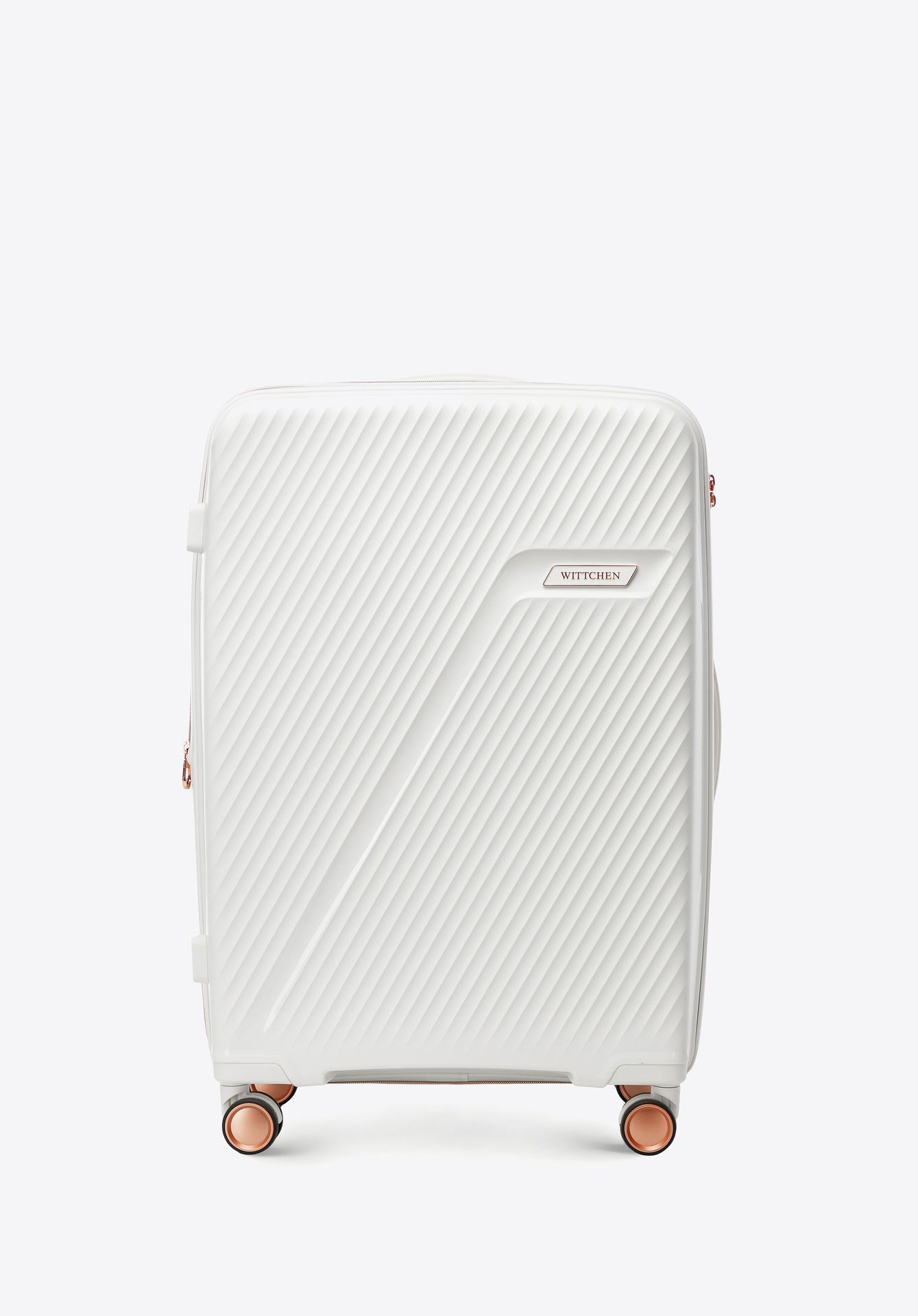 Średnia walizka z polipropylenu w ukośne pasy kremowo - złota