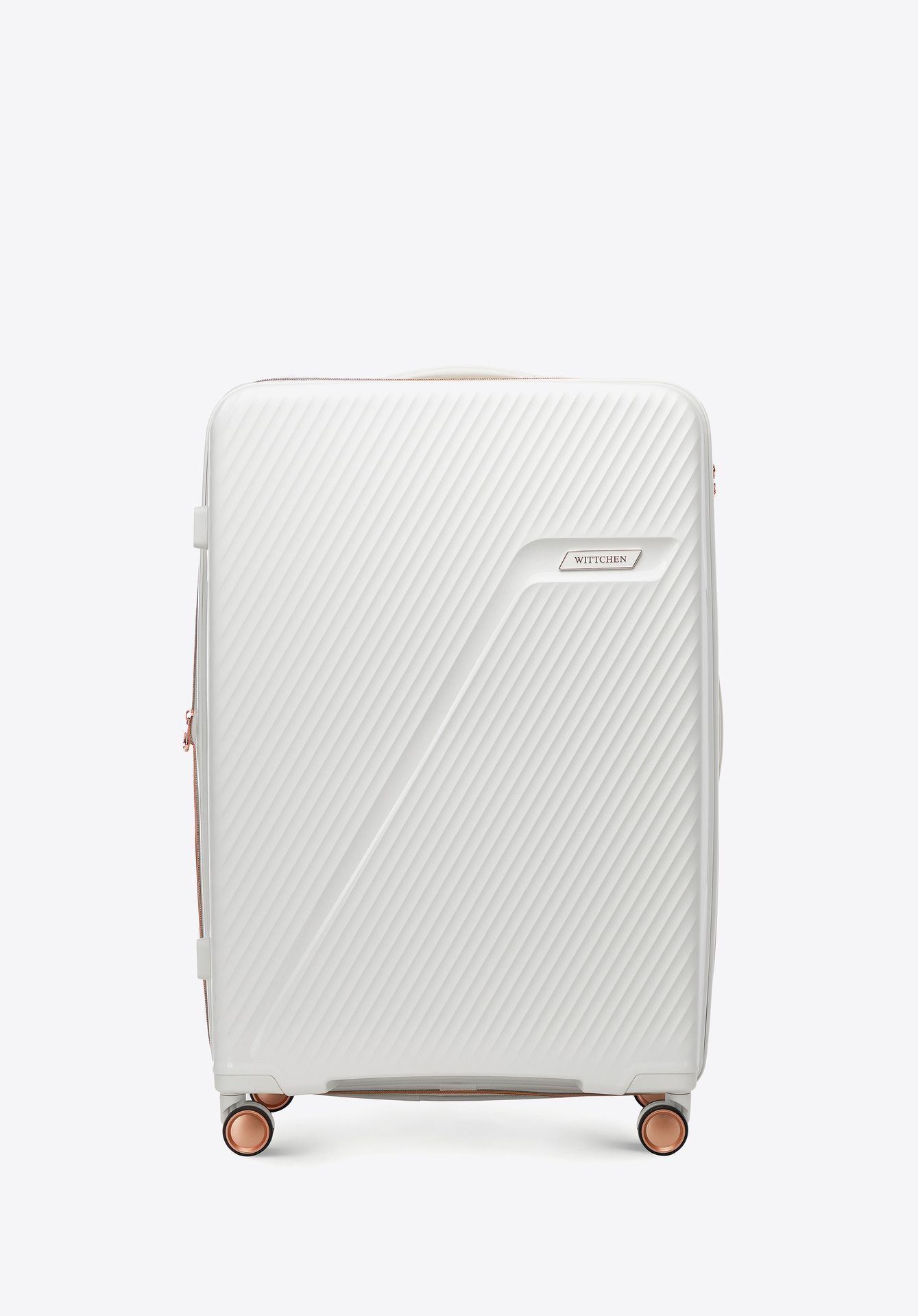 Duża walizka z polipropylenu w ukośne pasy kremowo - złota