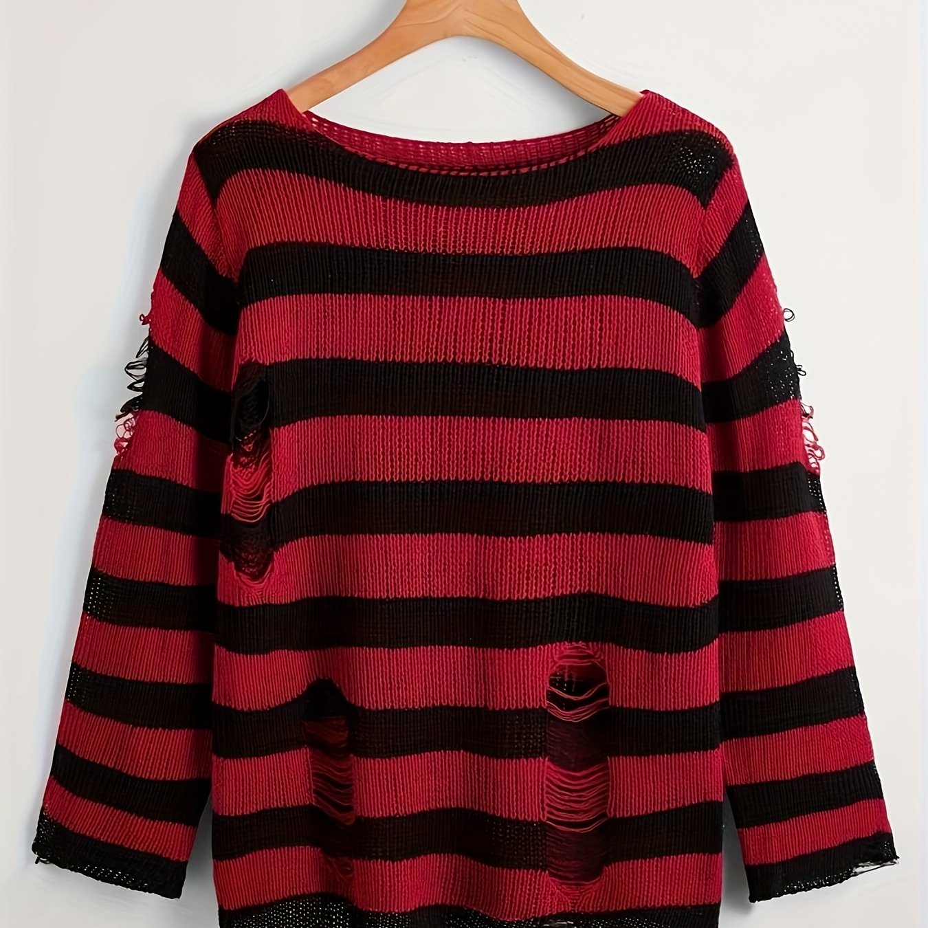 TEMU 2025 Nowy Wszechstronny Luźny Sweter w Paski z Przetarciami w Stylu Gotyckim