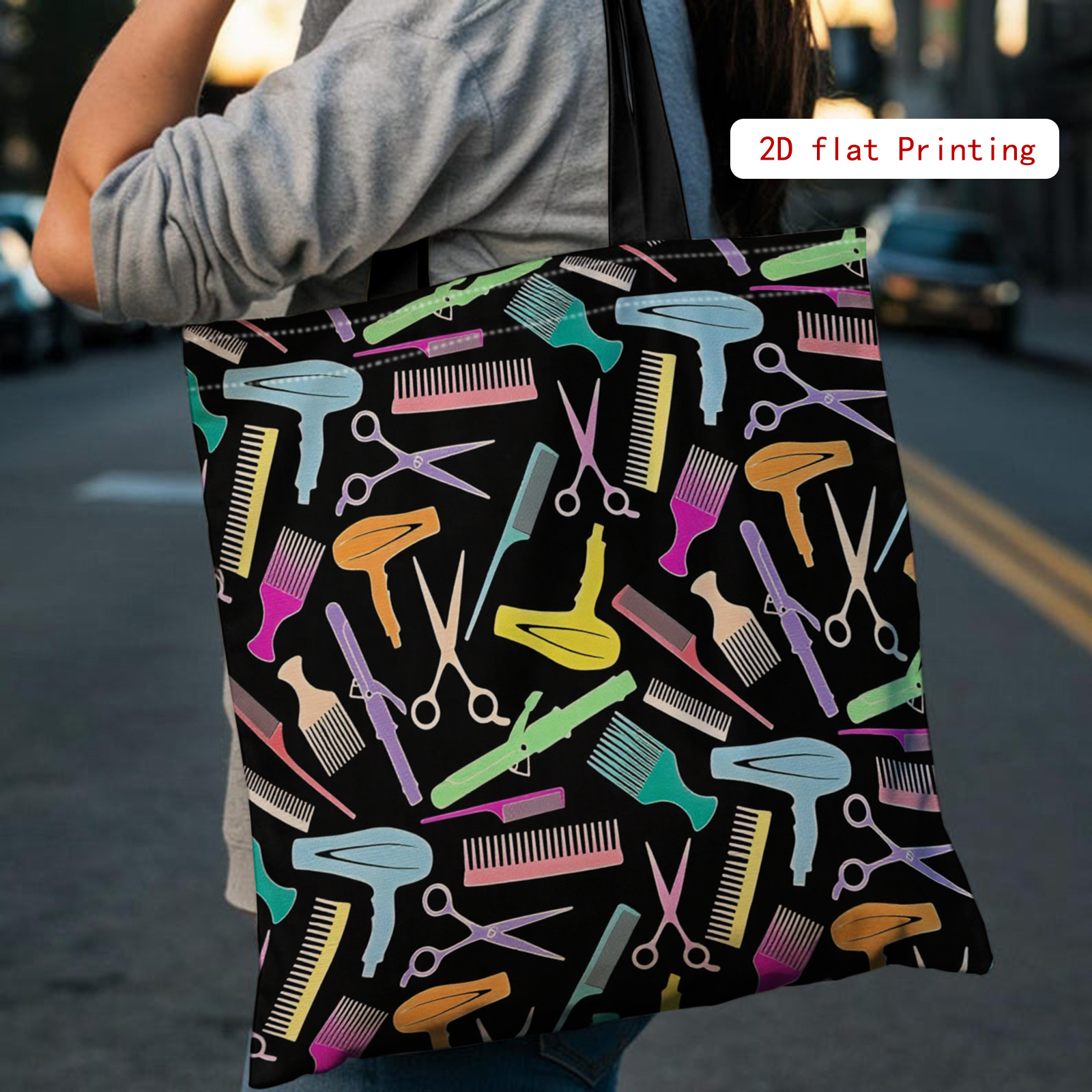 TEMU 1 szt. Torba Tote z Nadrukiem Narzędzi Fryzjerskich - Stylowy Wzór dla Stylistów z Nadrukiem Nożyczek, Grzebieni i Suszarki, Lekka Poliesterowa