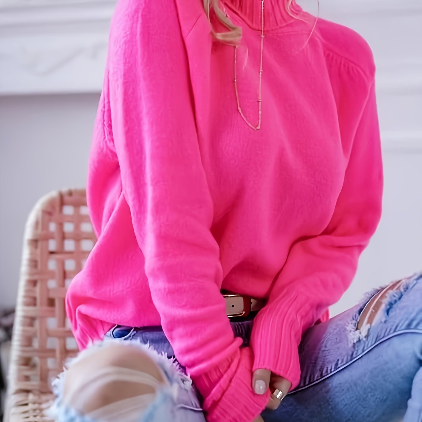 TEMU Elegancki Sweter Damski z Wysokim Kołnierzem - Żywa Różowa Długa Mankiet,