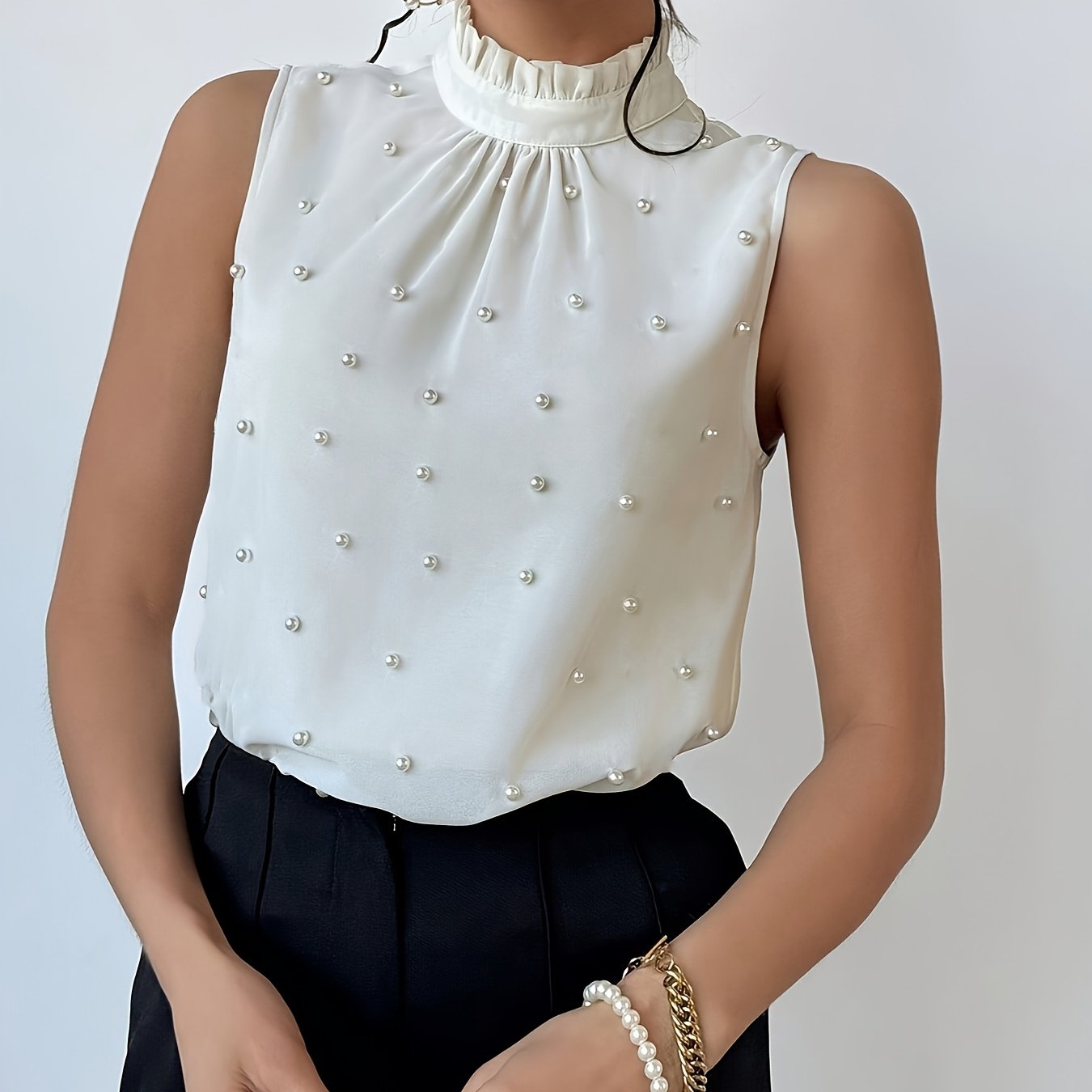 TEMU Elegancka Damska Koszula Ślubna i Wieczorowa Bez Rękawów z Perłowymi Ozdobami - Biała Bluzka na Guziki w Kolorze Pereł, Stojący Kołnierzyk