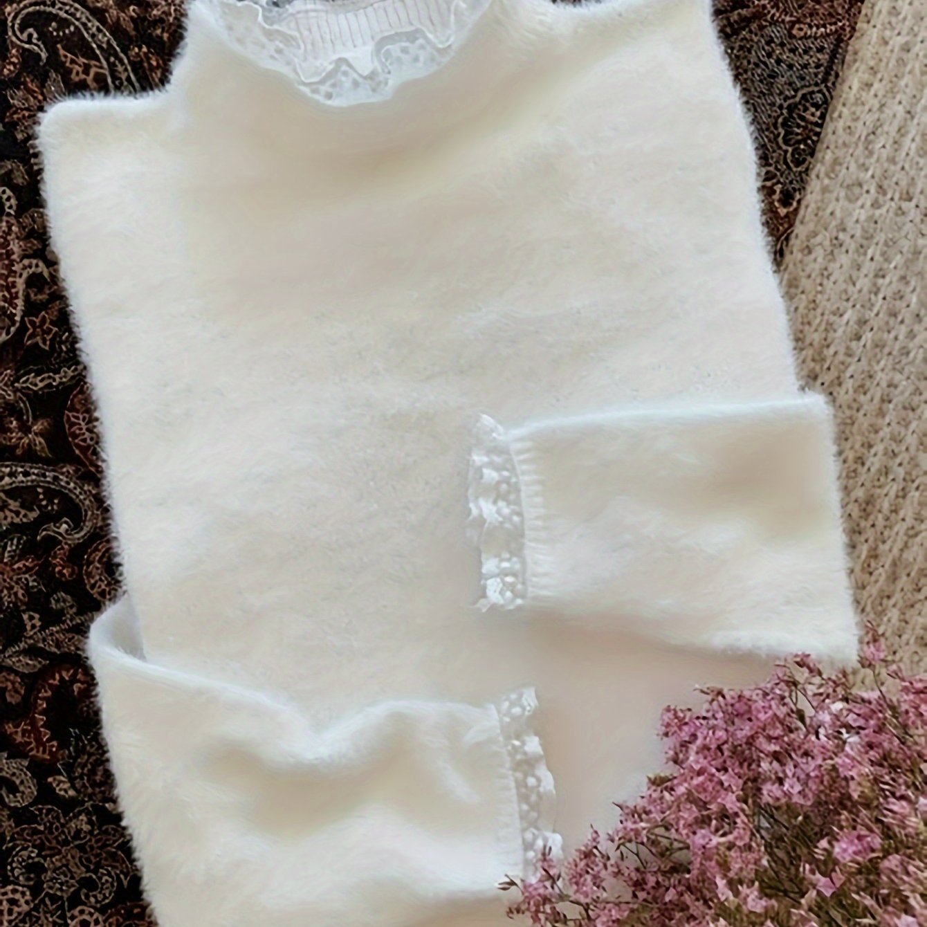 TEMU Sweter Damski z Eleganckim Koronkowym Wykończeniem i Okrągłym Dekoltem - Miękka, Elastyczna Bluzka w Jednolitym Kolorze na Wiosnę i Jesień,