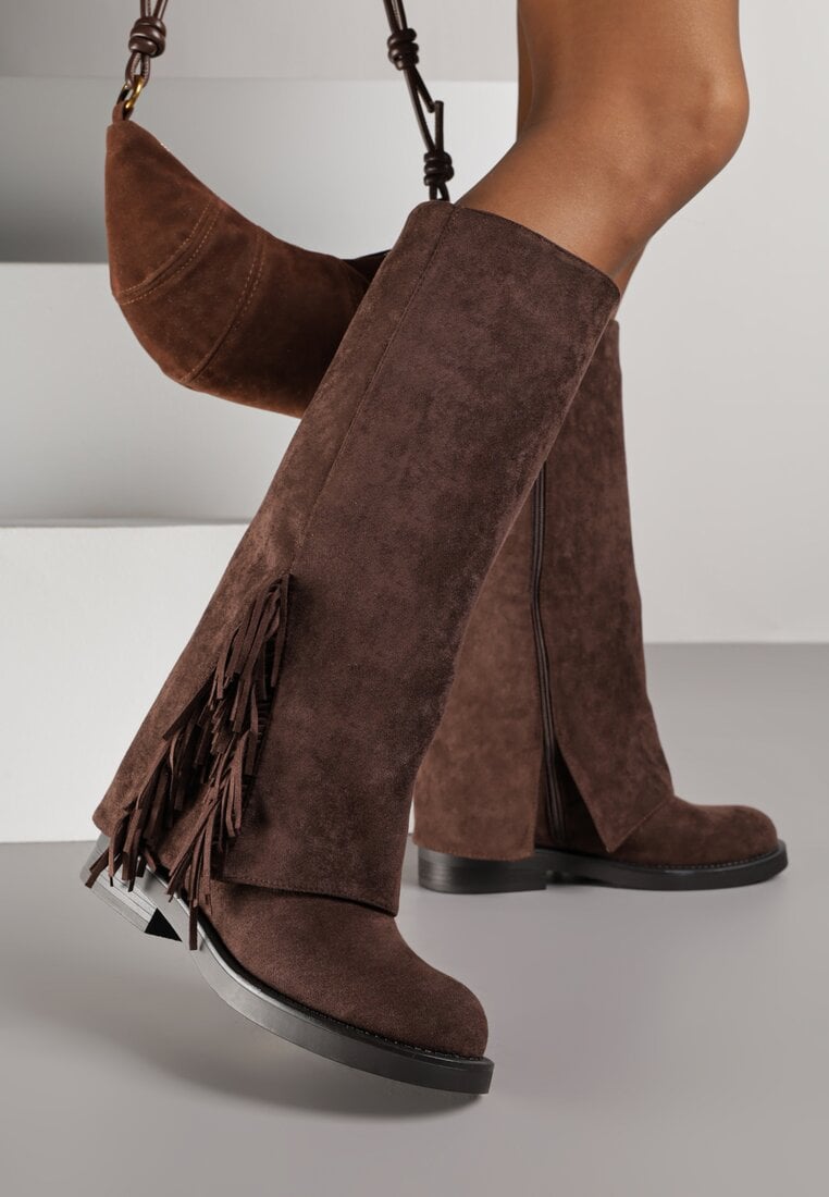 Brązowe Kozaki z Wywiniętą Cholewką i Frędzlami Reisela