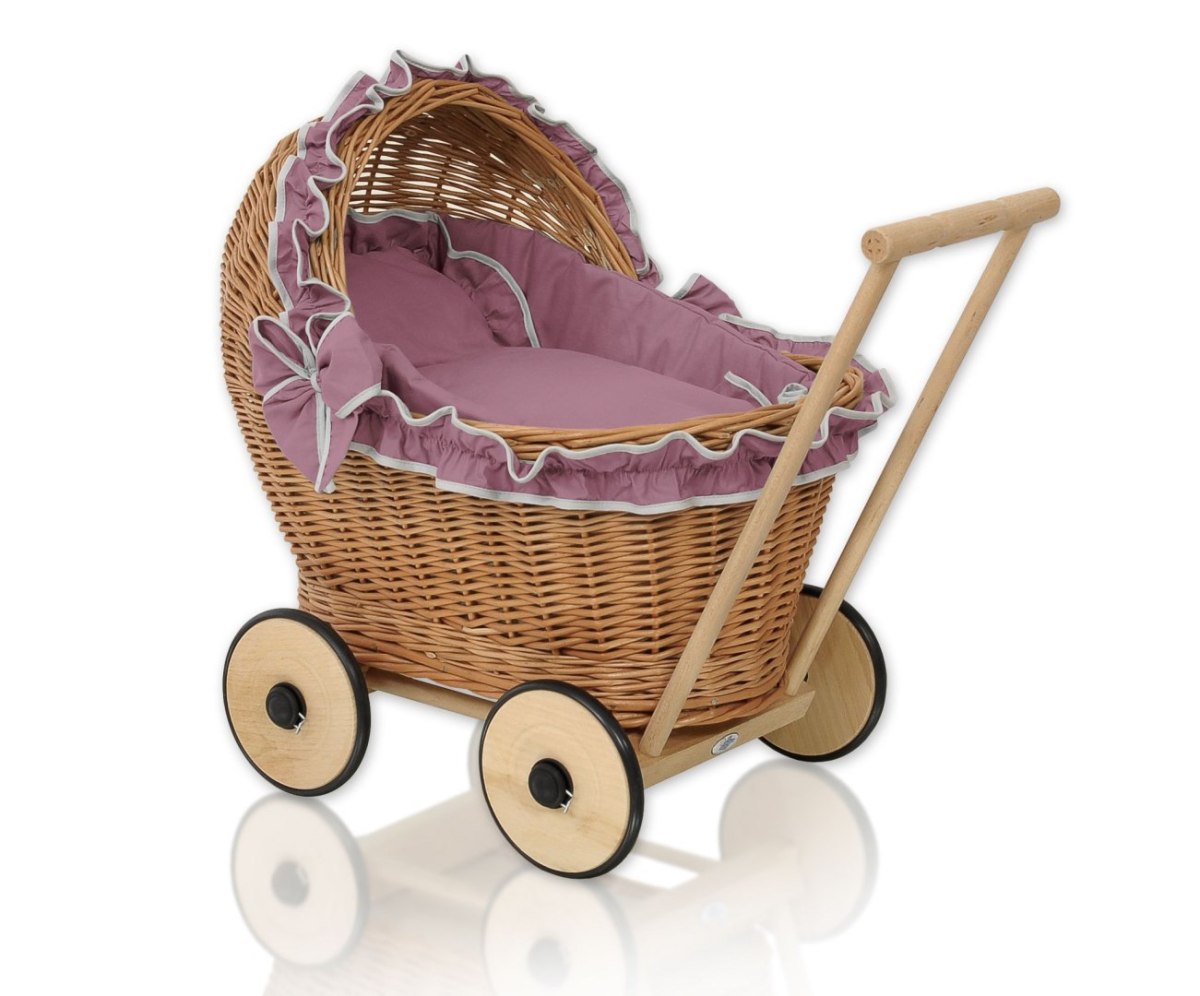 Wiklinowy wózek dla lalek pchacz z pościelką róż retro i miękką wyściółką CHIARA - naturalny