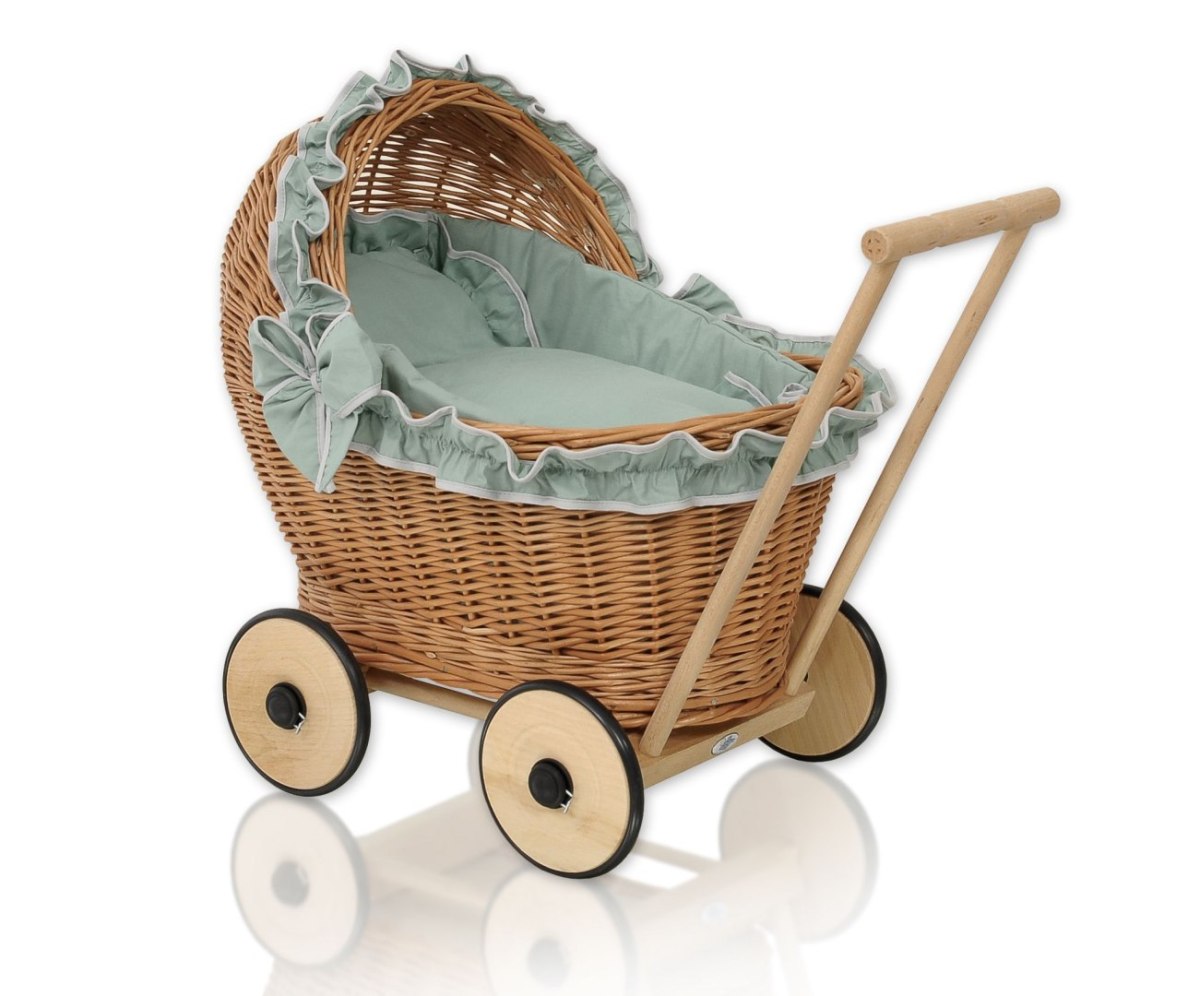 Wiklinowy wózek dla lalek pchacz z szałwiową pościelką i miękką wyściółką CHIARA - naturalny