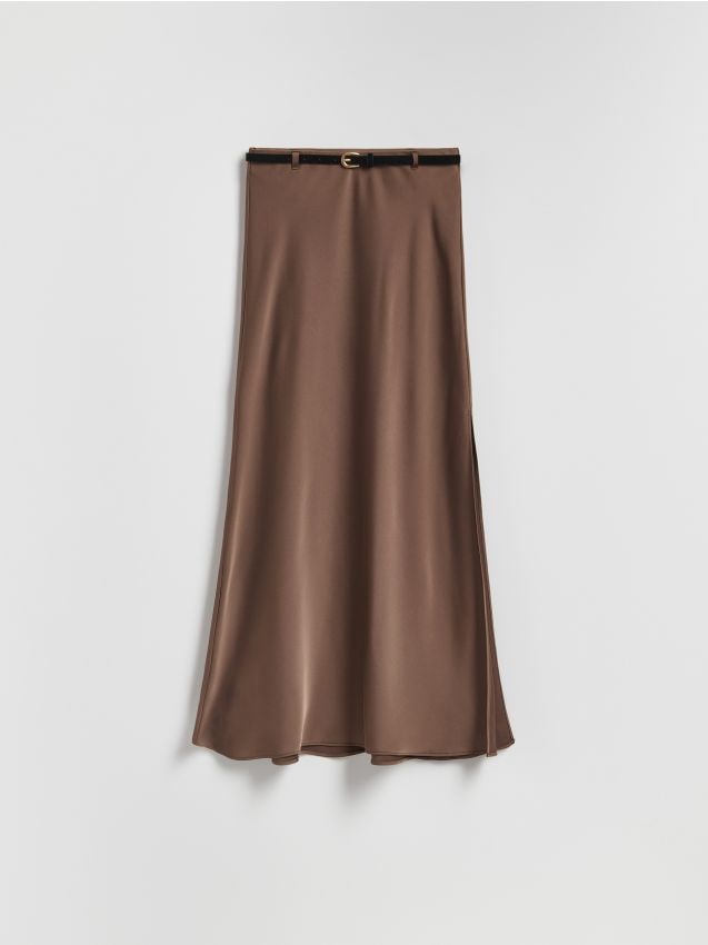 Reserved - Satynowa spódnica midi - brązowy