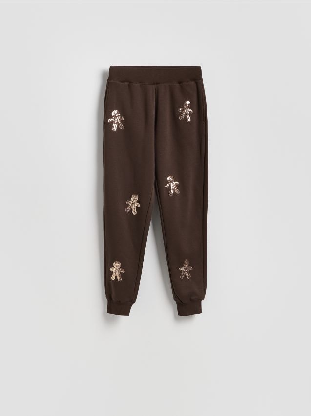 Reserved - Spodnie dresowe z aplikacjami - ciemnobrązowy