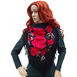 Chusta damska czerwone róże z frędzlami czarna DORC-6B