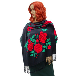 Szalik damski szal z frędzlami w róże zielone liście czarny DOR-2A