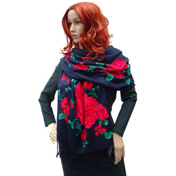 Szalik damski szal z frędzlami w róże zielone liście granatowy DOR-1C