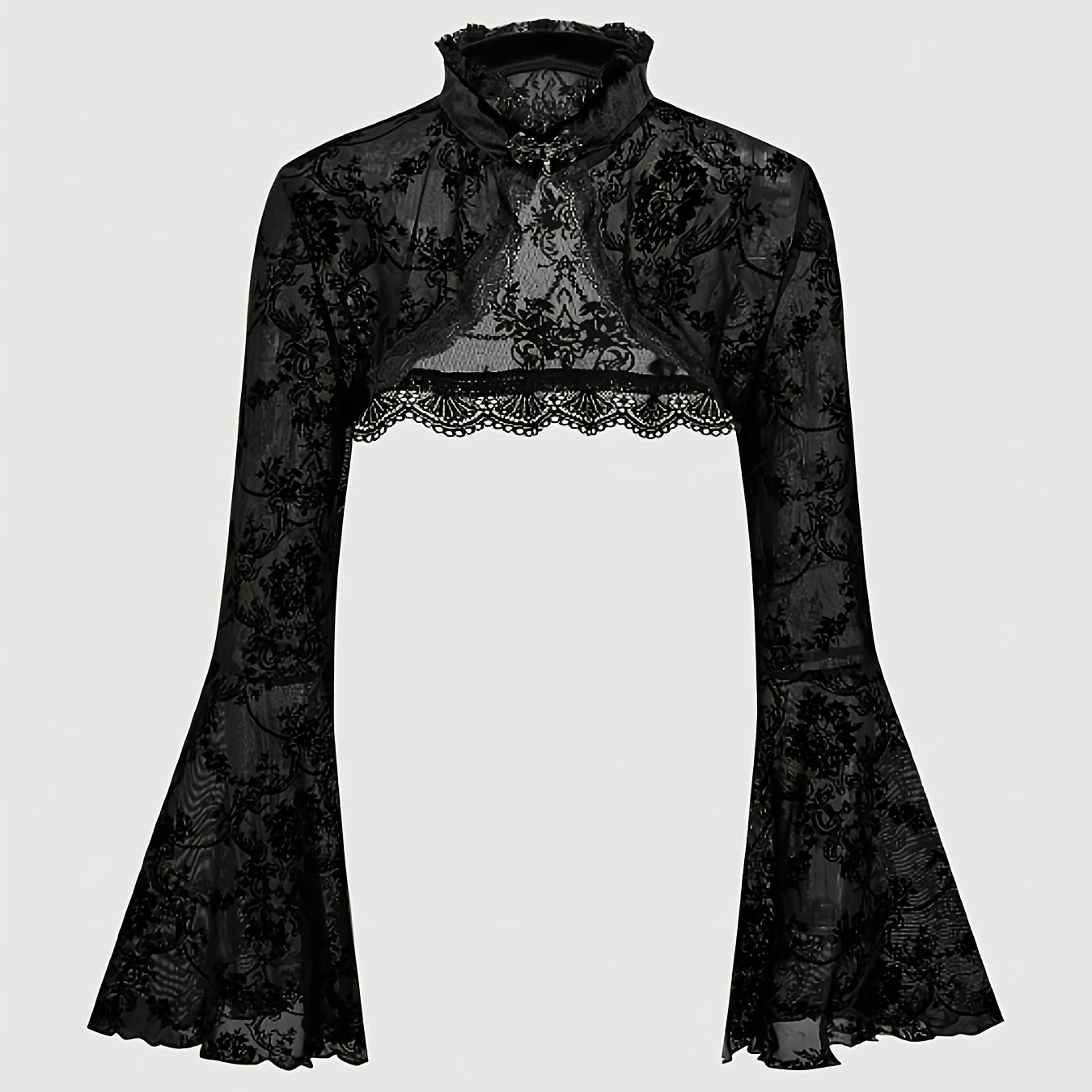 TEMU Elegancka czarna bluzka damska z kwiatową koronką, wysokim dekoltem i falbankowymi rękawami - Szykowna bluzka z krótkim rękawem na każdą porę