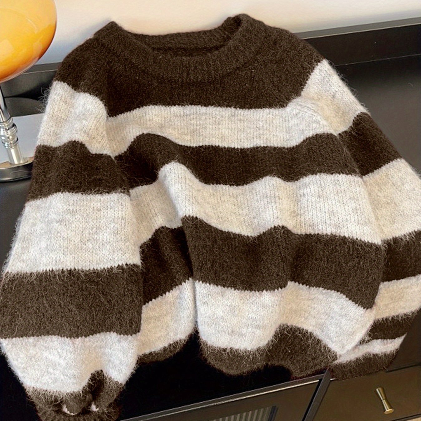 TEMU Damski Sweter - Brązowo-Biały Sweter w Paski, Miękki Top z Długim Rękawem i Okrągłym Dekoltem na Jesień/Zimę, Przytulny Strój na Imprezę