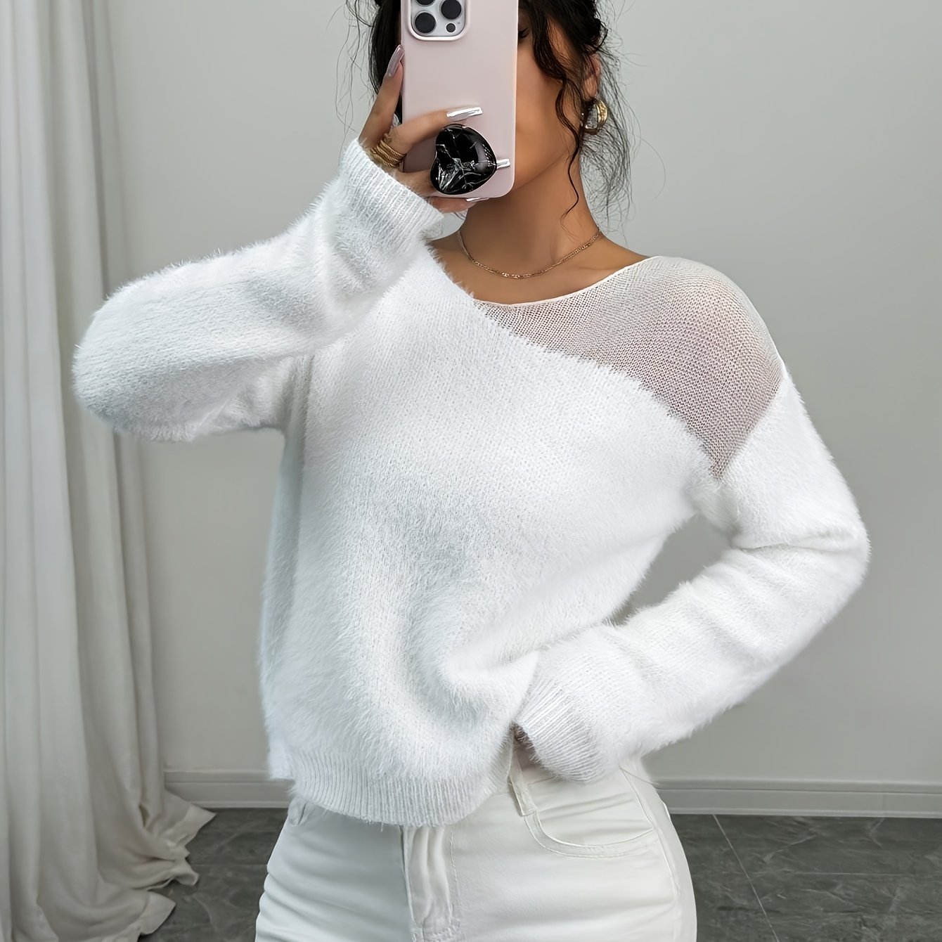 TEMU Sweter Damski Francuski Elegancki - Miękka Gruba Swetra z Otworami, Luźny Pulower na Jesień/Zimę, Stylowe Codzienne i Formalne Stroje - Sweter