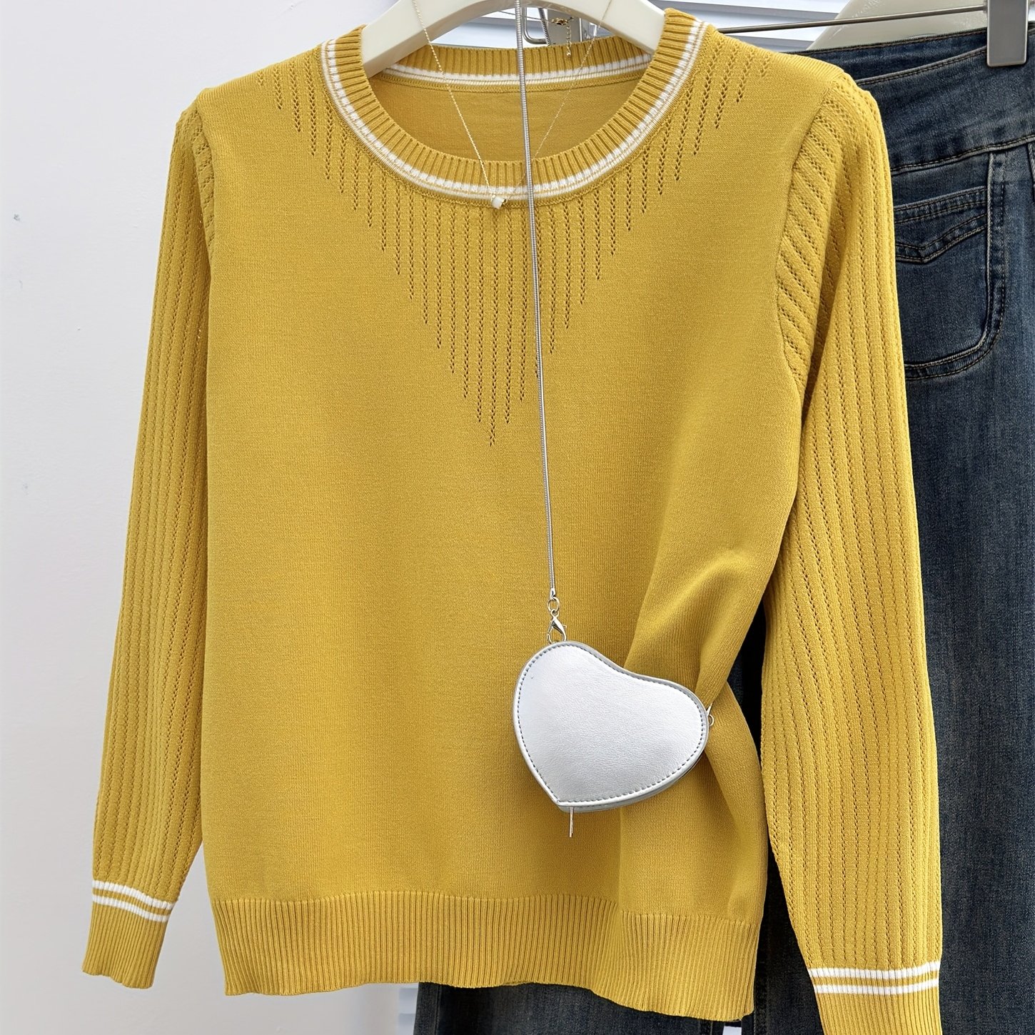 TEMU Sweter Damski w Musztardowe Paski z Koronką – Elegancki Sweter z Okrągłym Dekoltem i Kontrastowymi Kołnierzykami, Średnio Elastyczny,