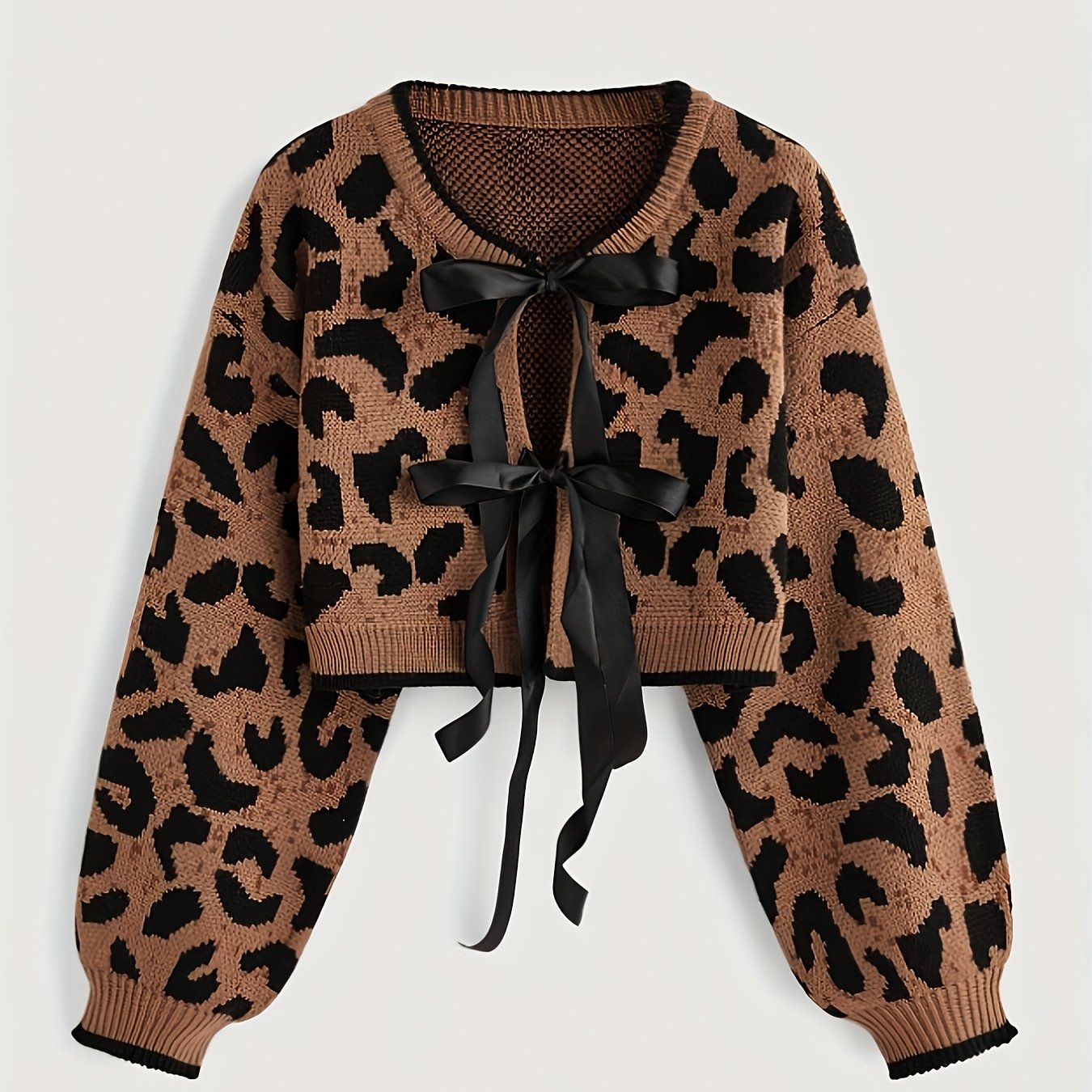 TEMU Kardigan z Eleganckim Wzorem w Lamparcie Cętki dla Kobiet z Motylem na Przedzie - Długi Rękaw, Okrągły Dekolt, Sweter Jesienno-Zimowy,