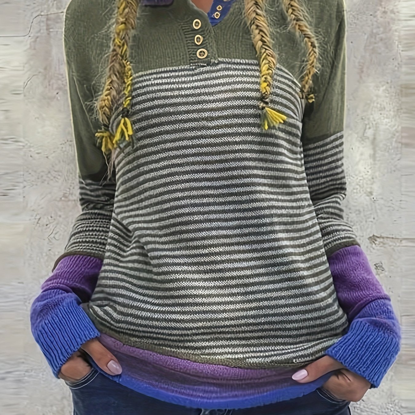 TEMU Modny Sweter w Paski z Blokami Kolorów i Jednym Guzikiem – Casualowy Pullover