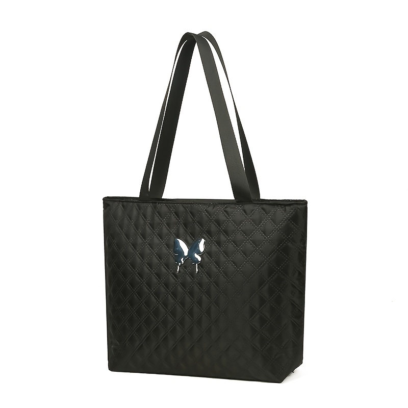TEMU Elegancka Nylonowa Torba Tote dla Kobiet i Mężczyzn z Odpinanym Paskiem - Czarne Logo Motyla & Zamknięcie na Suwak, Elementy w Odcieniu Złota,