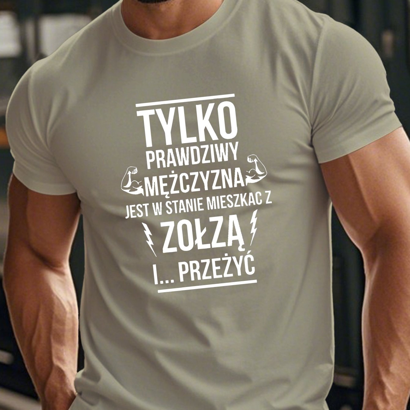 TEMU Koszulka Męska z Zabawnym Napisem w Języku Polskim - Letni Casualowy T-shirt z Geometrycznym Wzorem, Oliwkowo-Zielony Okrągły Dekolt Krótki