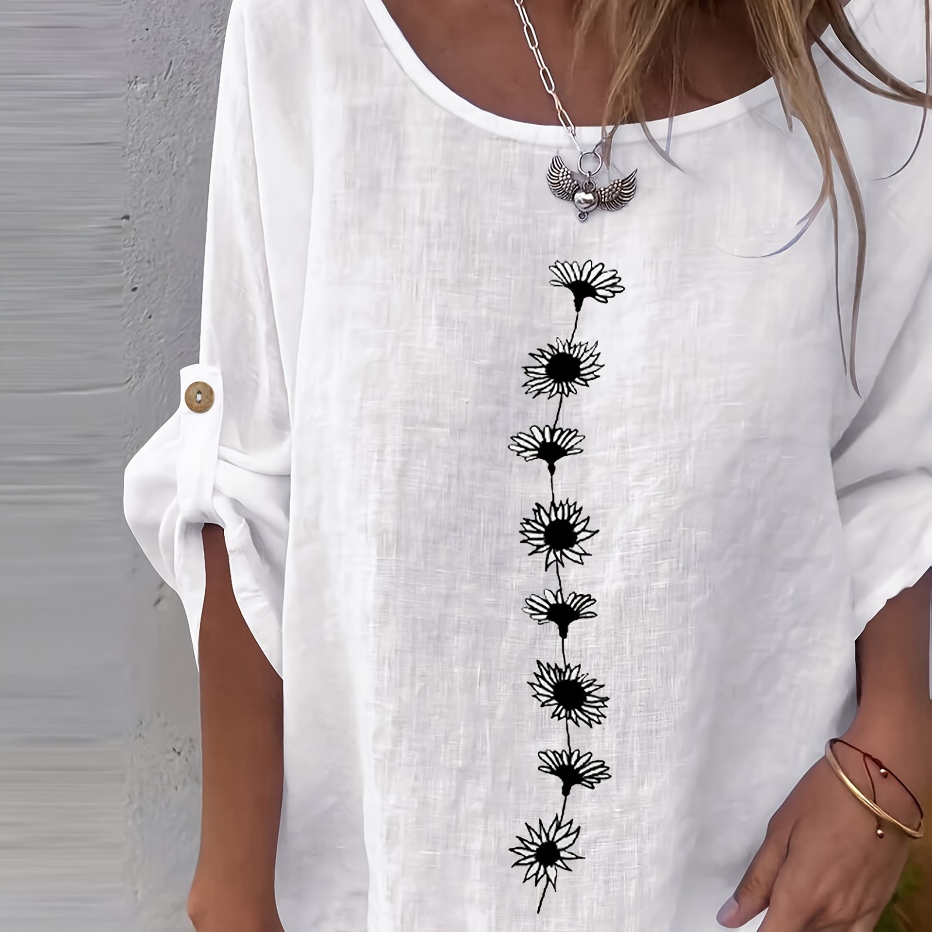 TEMU Elegancka biała bluzka damska z długim rękawem i czarnym kwiatowym nadrukiem - swobodna koszula z guzikami, okrągły dekolt, luźny krój na