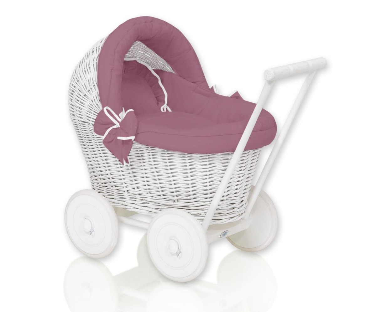 Wiklinowy wózek dla lalek pchacz biały z pościelką róż retro i miękką wyściółką STELLA