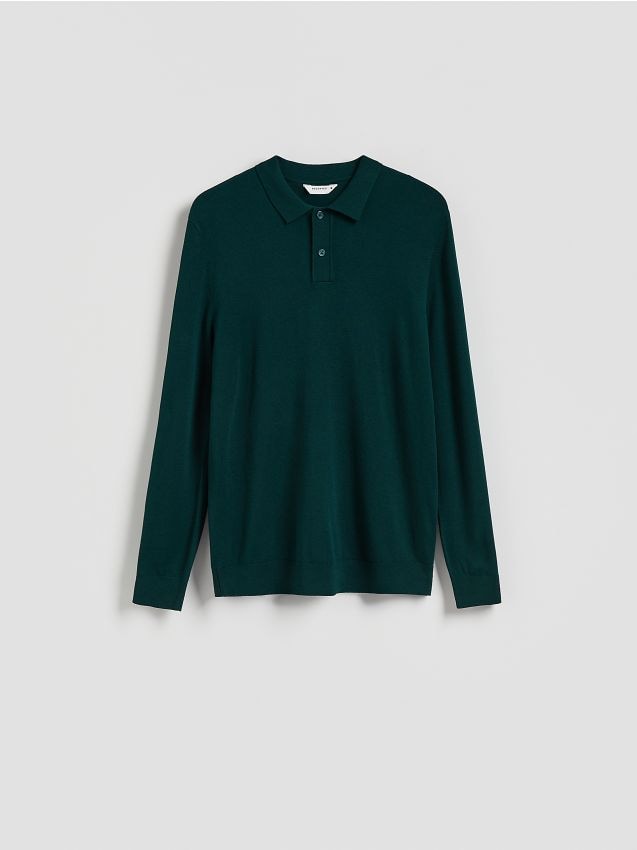 Reserved - Wiskozowy sweter polo - ciemnozielony