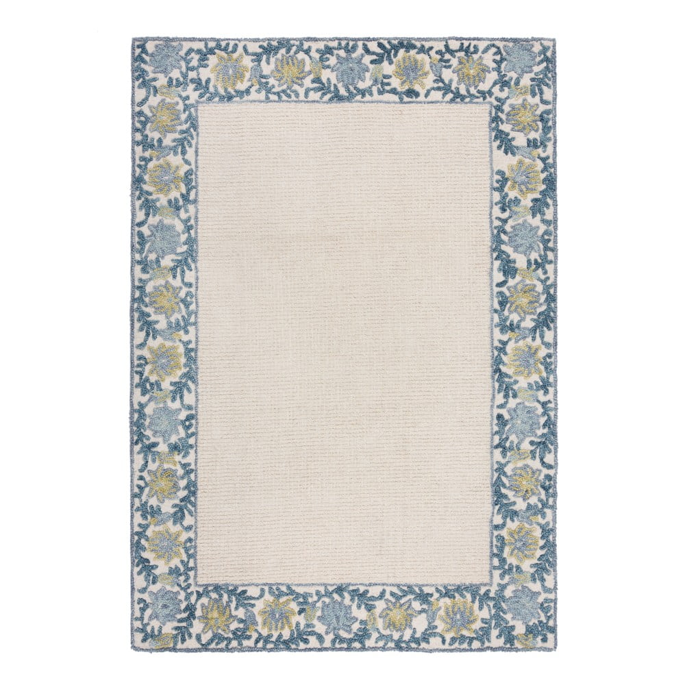 Niebiesko-kremowy dywan z mieszanki wełny tkany ręcznie 120x170 cm Myla Floral Frame – Flair Rugs