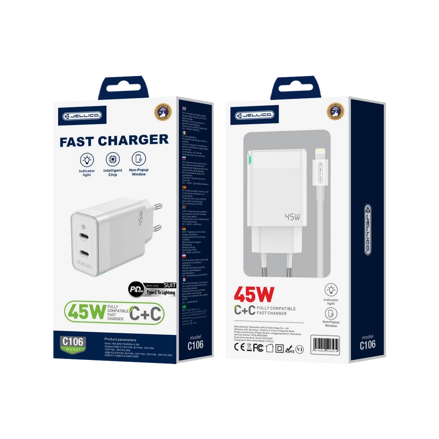 JELLICO ładowarka sieciowa C106 GaN PD 45W 2xUSB-C + kabel USB-C - Lightning Biały