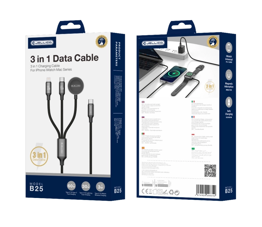 JELLICO kabel B25 3w1 (Apple Watch) 3.1A 1.2M Czarny