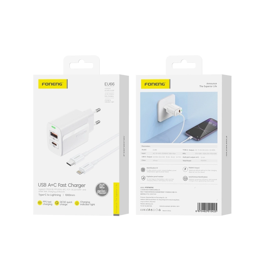 FONENG ładowarka sieciowa EU66 PD 20W 1xUSB-C + 1xUSB QC3.0 + kabel USB-C - Lightning Biały