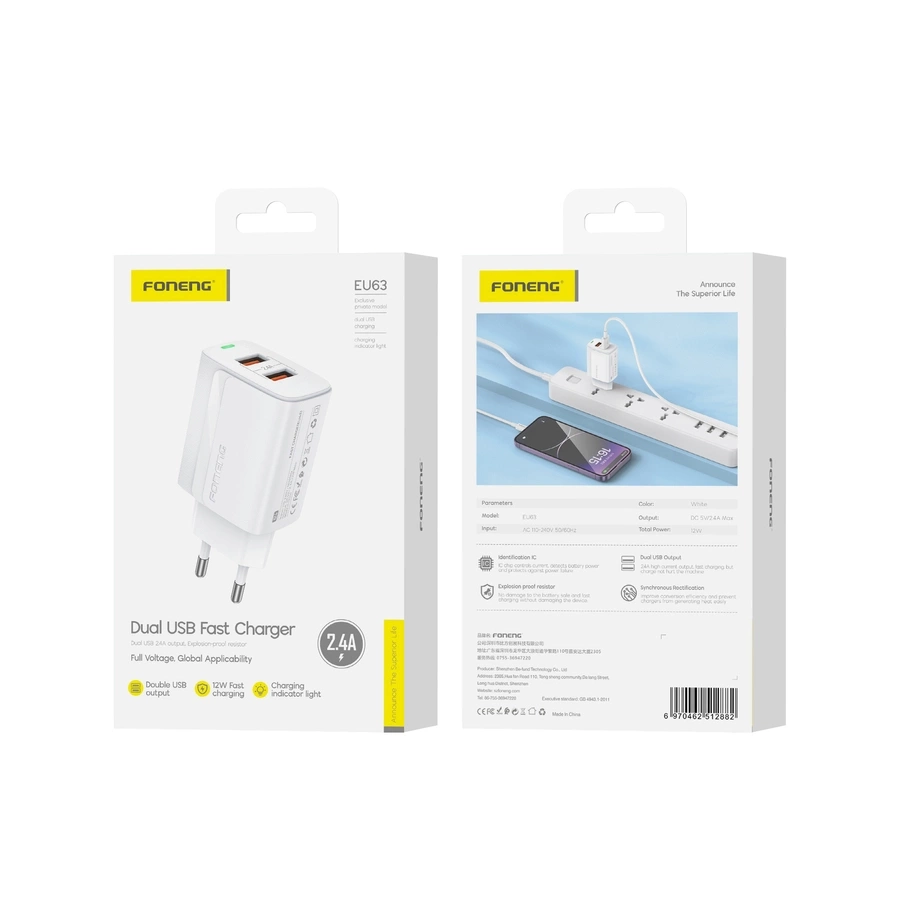 FONENG ładowarka sieciowa EU63 2.4A 12W 2xUSB Biały