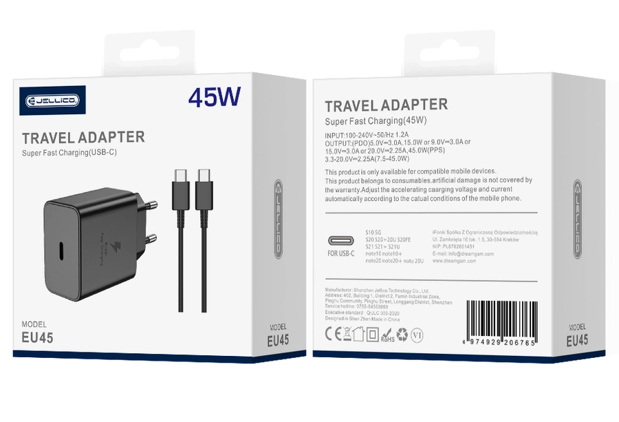 JELLICO ładowarka sieciowa EU45 GaN PD 45W 1xUSB-C + kabel USB-C - USB-C Czarny