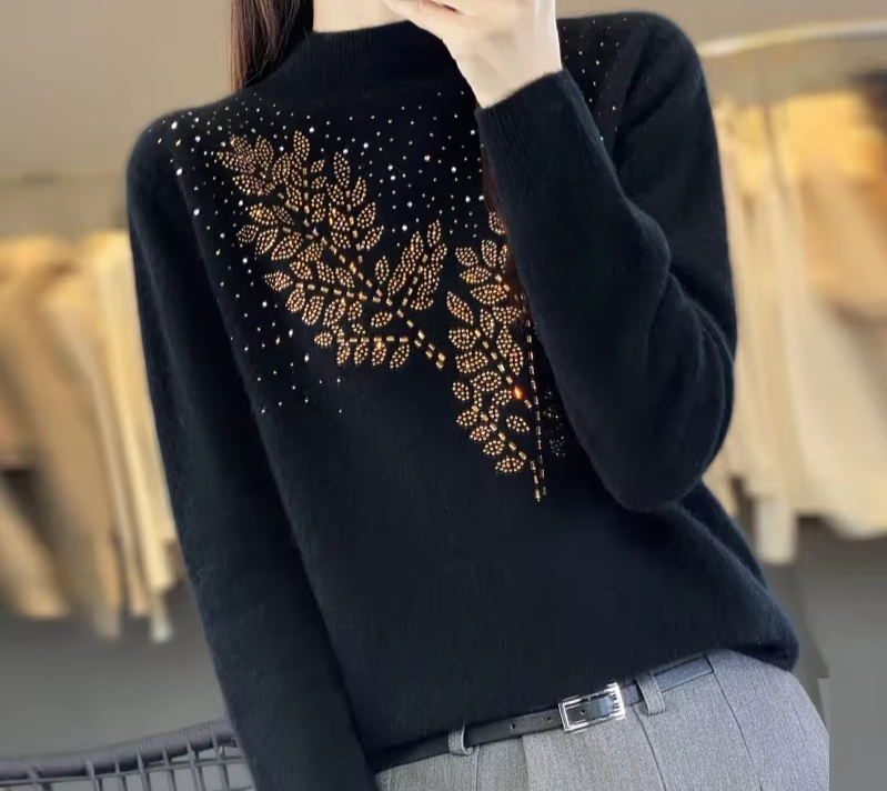 Sweter damski z ozdobnymi cekinami - Czarny L