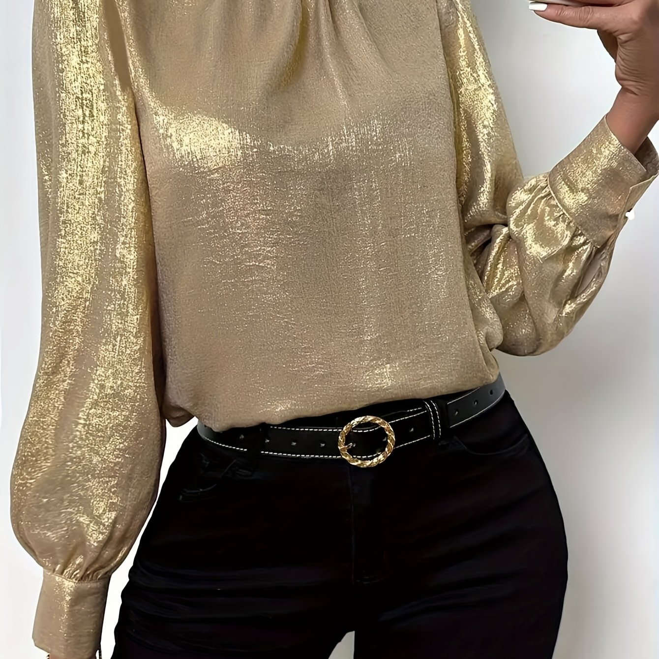 TEMU Elegancka damska koszula z francuskim stojącym kołnierzem, jednolitym wzorem, długim rękawem, 100% poliestrowa, regularny krój, guziki,