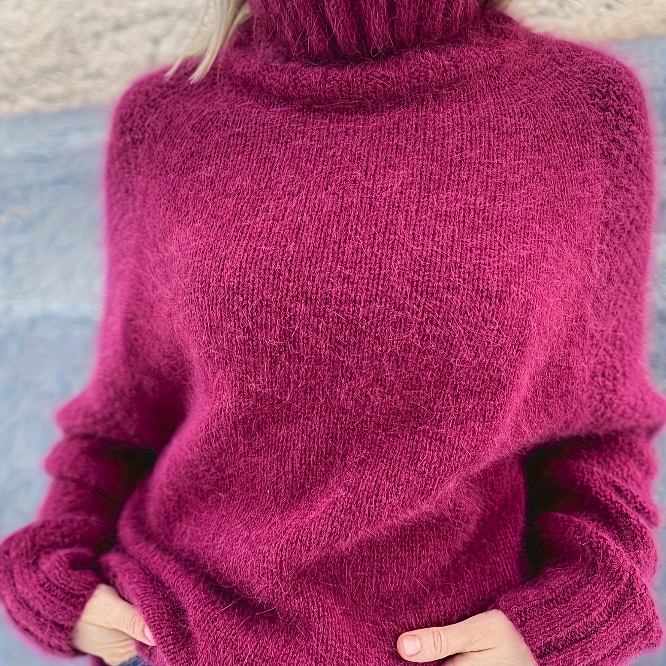 TEMU Elegancki sweter damski z długim rękawem i wysokim dekoltem - gładki pulower z obniżonymi ramionami, miękki i przytulny na jesień/zimę, idealny