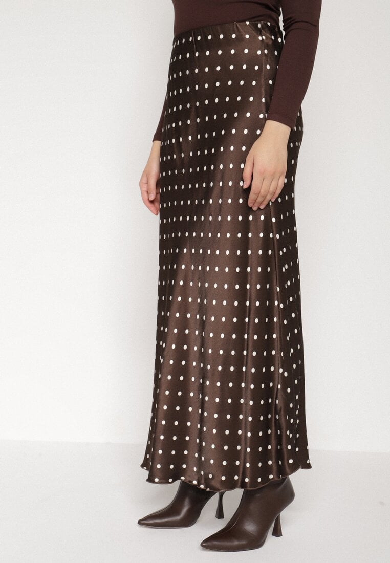 Brązowa Wiskozowa Spódnica Satynowa w Kropki o Rozkloszowanym Kroju Fedrana