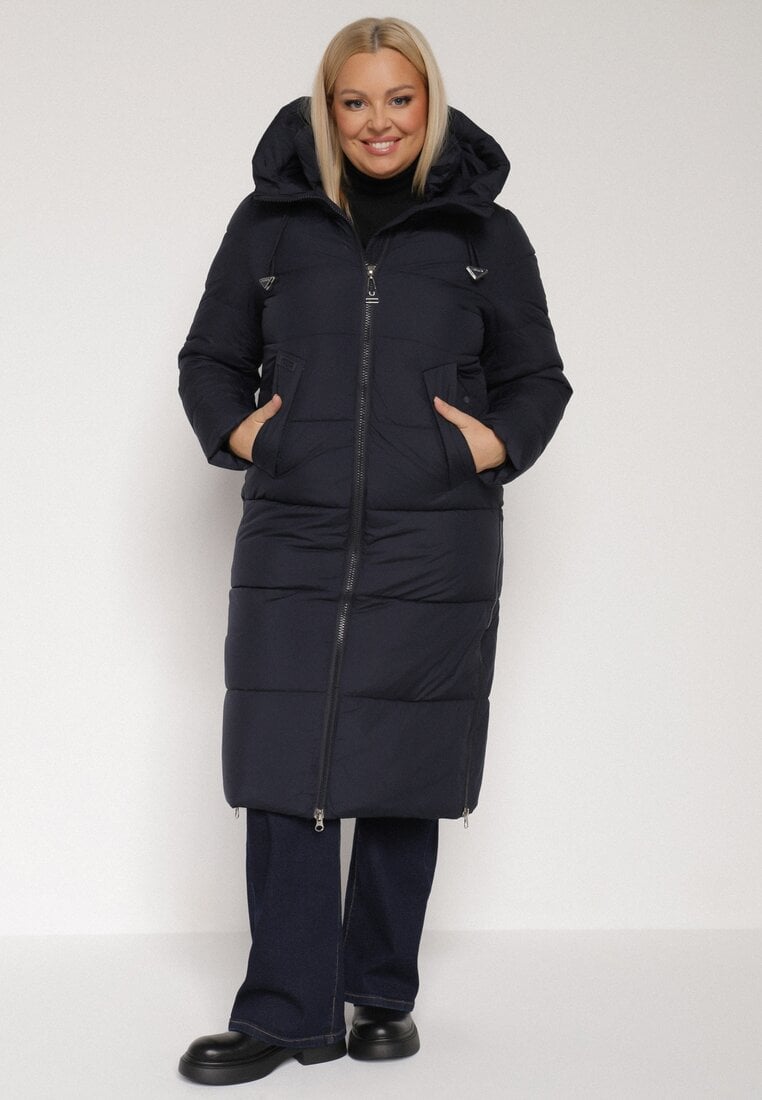 Granatowa Długa Kurtka Pikowana z Kapturem i Bocznymi Suwakami Mevoressa