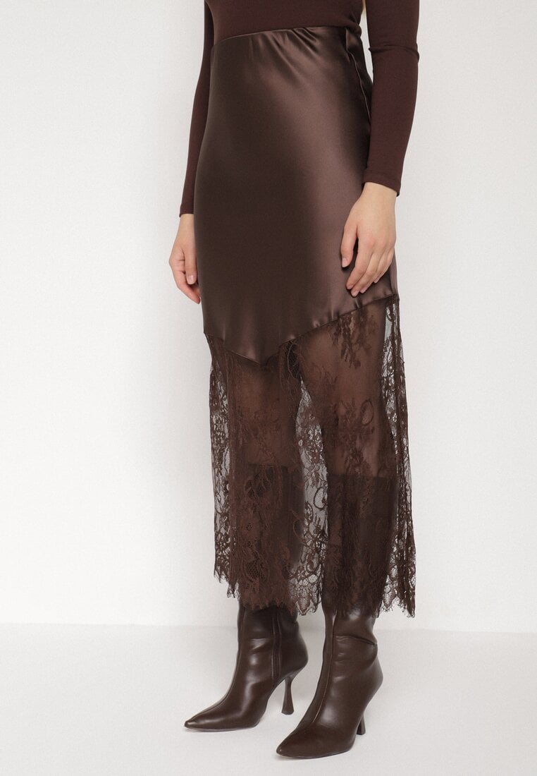 Brązowa Satynowa Spódnica Ozdobiona Koronką Milori