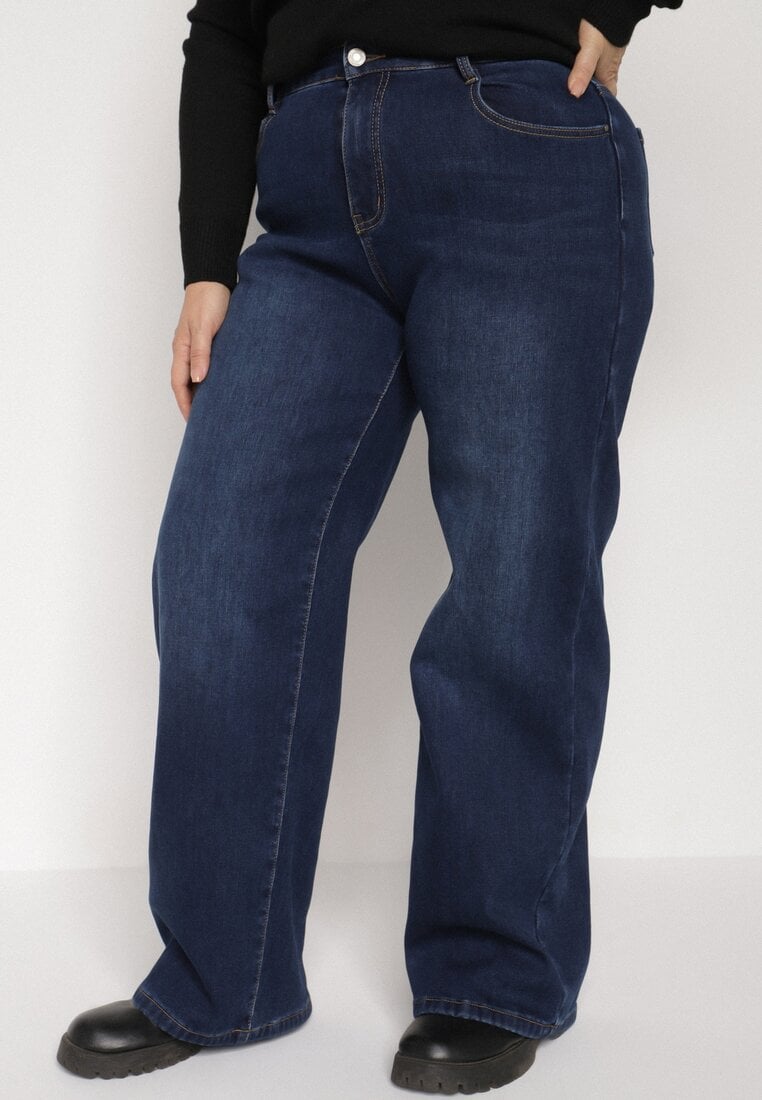 Niebieskie Ocieplane Jeansy o Szerokim Kroju z Bawełną i Wysokim Stanem Mevidia