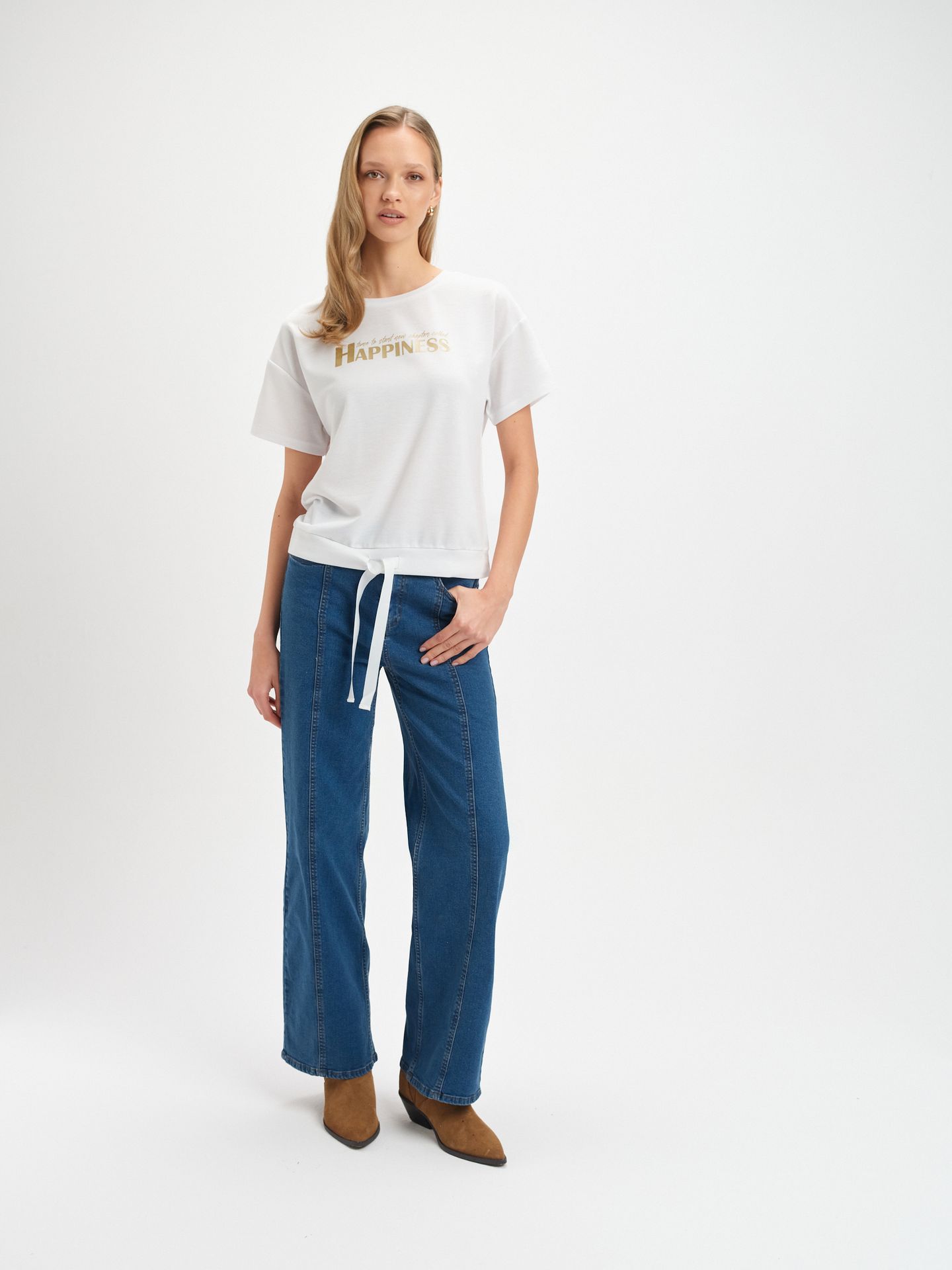 Jeansy wide leg z przeszyciem