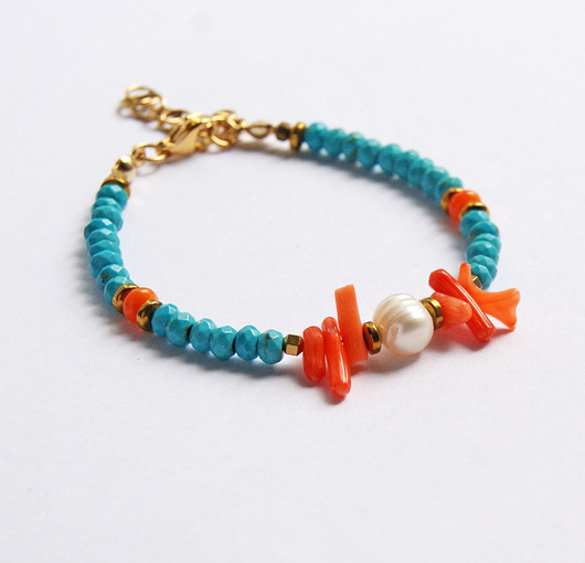 Koral, perła, magnezyt - turkusowo-pomarańczowa BRANSOLETKA