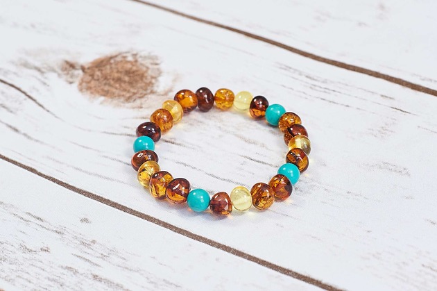 Bransoletka z bursztynu naturalnego i turkusu elastyczna