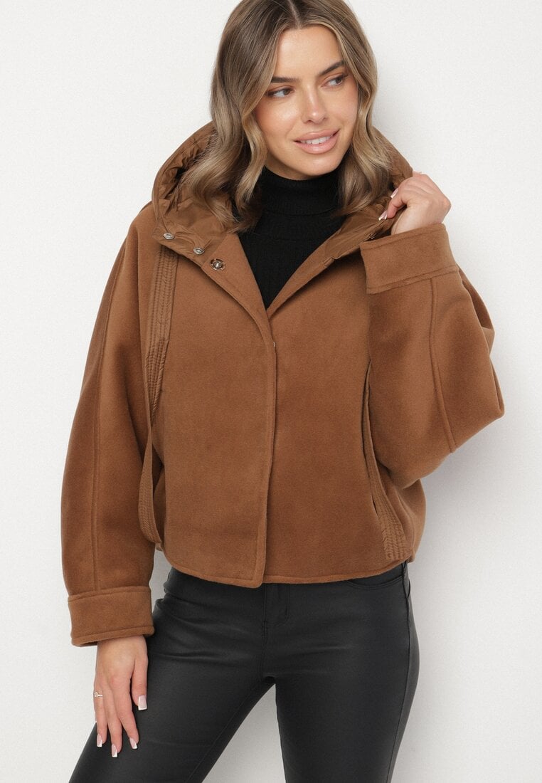 Brązowa Przejściowa Kurtka z Rękawami Typu Nietoperz i Kapturem Alinee