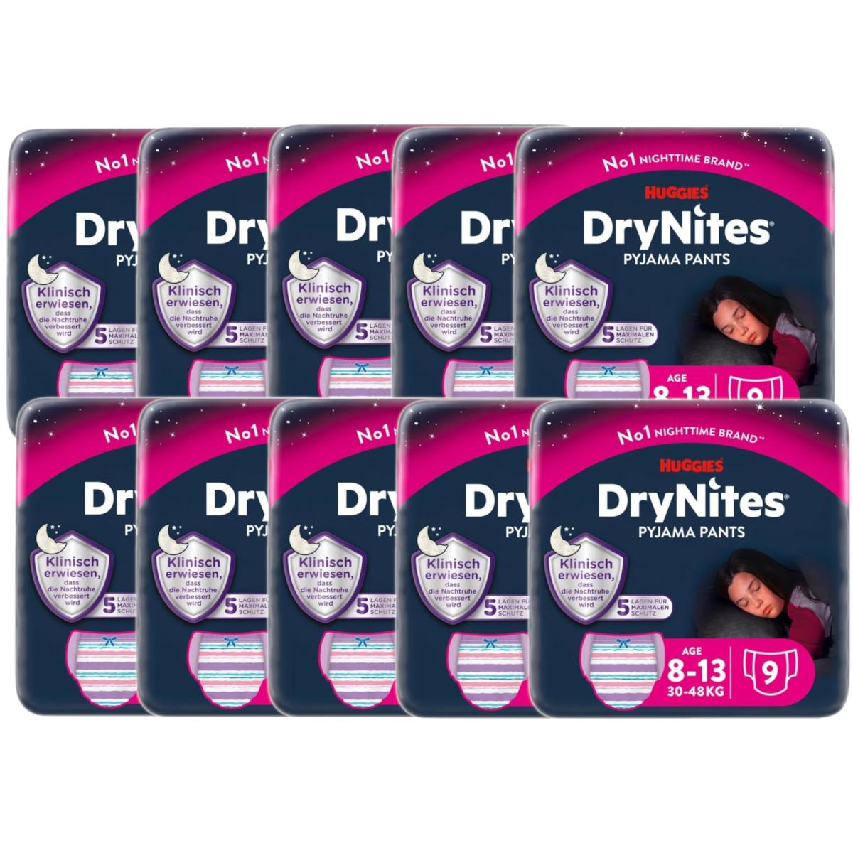 Huggies Pieluchomajtki na noc 8-13 lat Drynites Girl (30-48 kg) Zestaw 10 x 9 szt.
