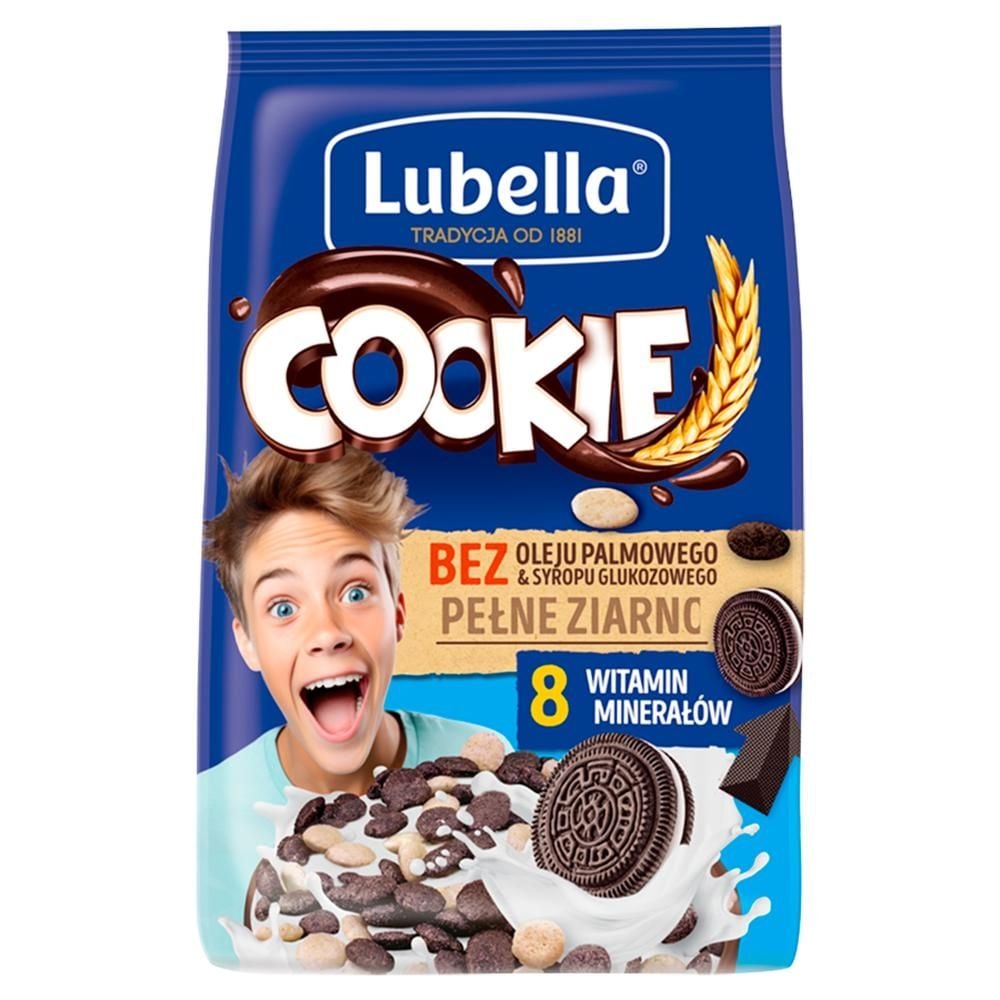 Lubella Cookie Zbożowe płatki w kształcie ciasteczek o smaku czekoladowym i waniliowym 400 g