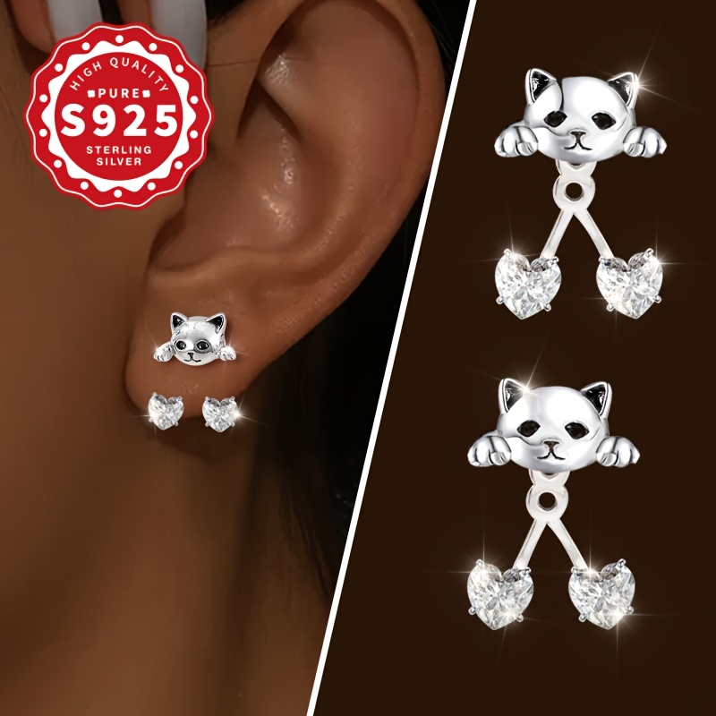 TEMU Para Kolczyków Sztyftów z Podwójnym Sercem Kotka ze Srebra S925, Unikalny Design, Urocze i Słodkie, Wyjątkowo Błyszczące, Idealne do Codziennych