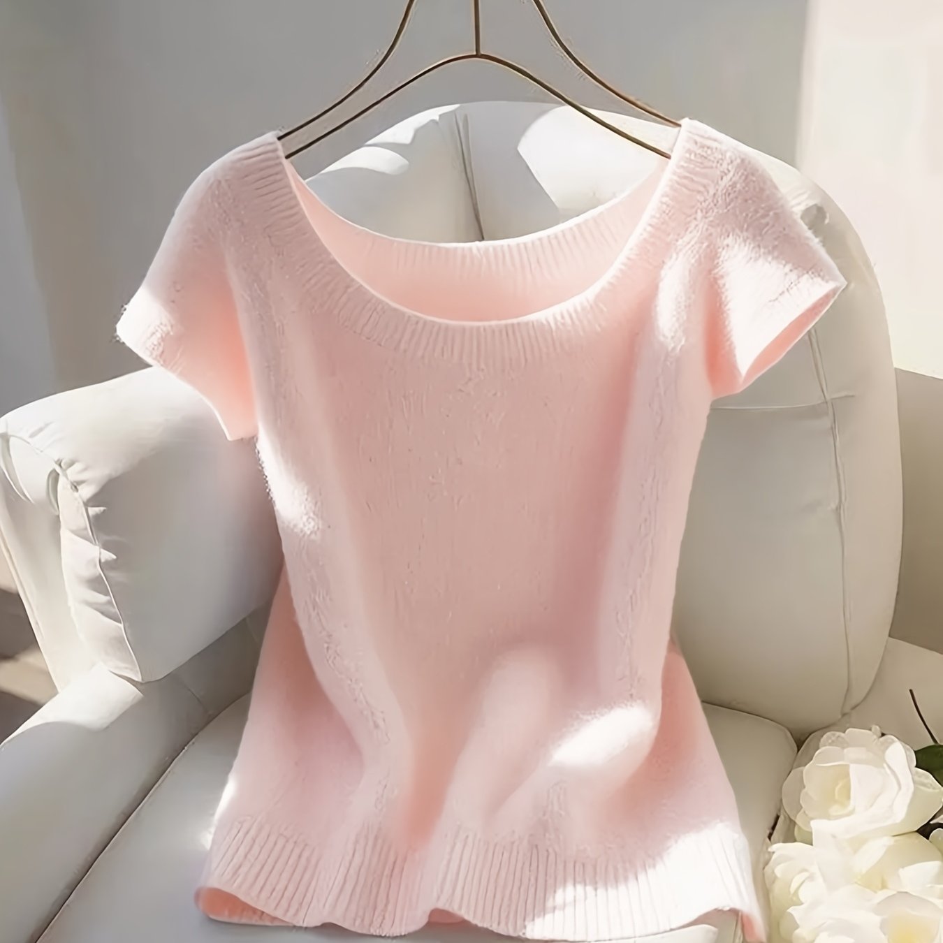 TEMU Nowość: Elegancka, Wysokiej Jakości Damska Bluzka z Krótkim Rękawem w Jednolitym Kolorze – Przewiewna i Dopasowana